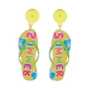 Yellow acrylic flip-flop earring detail, cute summer beach style fashion accessory