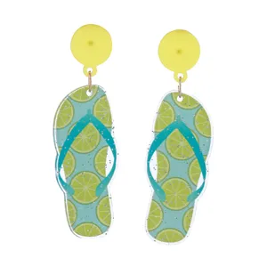 Summer beach acrylic flip flop earrings with citrus lime slice glitter design for women.