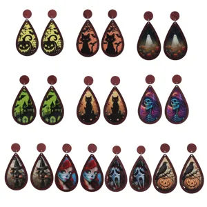 Halloween Acrylic Wood Inlay Teardrop Earrings Double Sided Printed Ghostface Pumpkin Bat Pattern Weird Quirky Dangle Earrings Holiday Party Jewelry