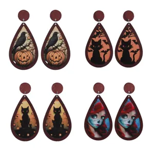 Halloween wooden teardrop earrings set gothic black cat crow pumpkin spooky party jewelry gifts