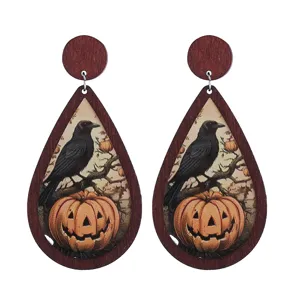 Halloween wooden earrings with spooky crow and pumpkin design, lightweight drop dangling style.