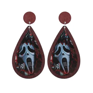 Halloween spooky ghostface wooden teardrop earrings, scary movie festival party jewelry.