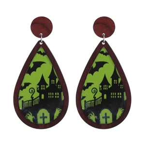 Halloween wooden drop earrings with scary castle and bat design, spooky party jewelry.