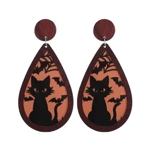 Halloween black cat wooden drop earrings, cute bat pattern festive party jewelry accessories.