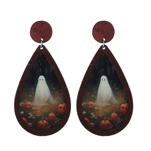 Halloween ghost pumpkin wooden teardrop dangle earrings detail view showcasing unique spooky design.
