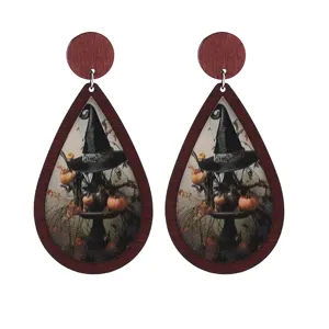 Halloween wooden teardrop earrings with witch hat and pumpkin print for spooky party style.