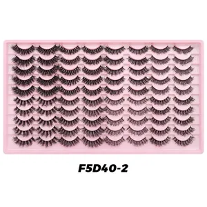 Detailed view of 40 pairs false eyelashes in pink tray, natural dense style bulk pack.