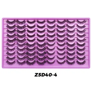 Detailed view of 40 pairs false eyelashes in a purple tray, natural dense style.