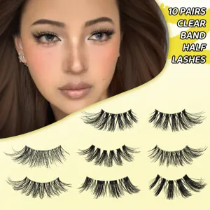 10 Paar transparentes Band halbe Wimpern Detailansicht, natürlicher Look unsichtbare Wimpern.