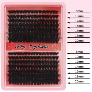 DIY individual eyelash extensions tray with mixed lengths from 8mm to 20mm cluster lashes.