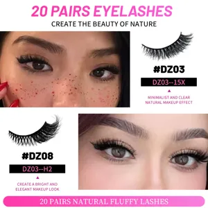 Detailansicht von 20 Paaren natürlichen flauschigen Wimpern, Modelle DZ03 und DZ08.
