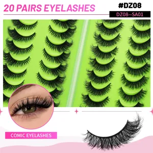 Detailansicht von 20 Paaren Comic Wimpern Set mit natürlichem Schwung und Augennahaufnahme.