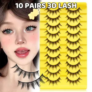 Detailansicht von 10 Paar 3D künstlichen Wimpern auf gelbem Tablet mit natürlichem Effekt.