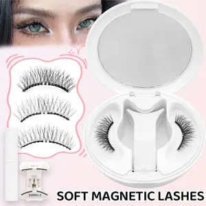 Soft magnetic eyelashes set with storage mirror case and applicator tool for natural look.
