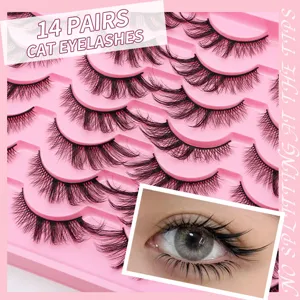 14 Paare Katzenaugen künstliche Wimpern flauschig federnd geschwungener Look Neu