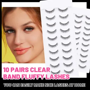 Nahaufnahme von 10 Paar flauschigen künstlichen Wimpern mit klarem Band für Make-up.