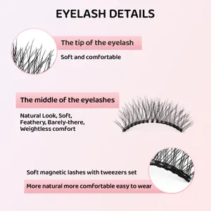 Detailed view of magnetic false eyelashes with tweezers set, showcasing soft and natural look.