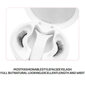 Detail view of portable white magnetic false eyelash case with mirror and thick lashes.