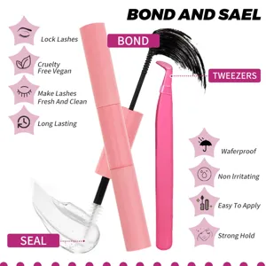 Doppelter Wimpernkleber und Versiegelung mit pinker Pinzette wasserfeste Wimpernverlängerung.