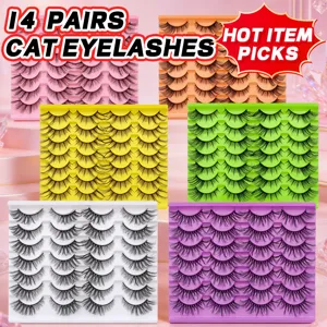 14 Paare Katzen Wimpern Flauschige Gefuegelte Falsche Wimpern Bunte Schale Set Tool