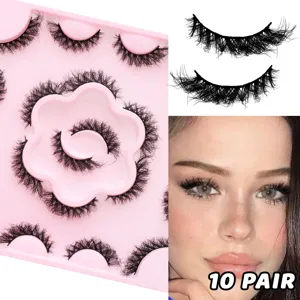 10 pairs fluffy dramatic false eyelashes with pink tray, curly thick lash extensions.