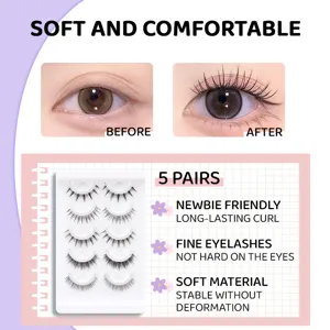 Vue détaillée de faux cils adhésifs 5 paires, matière souple et courbure naturelle.