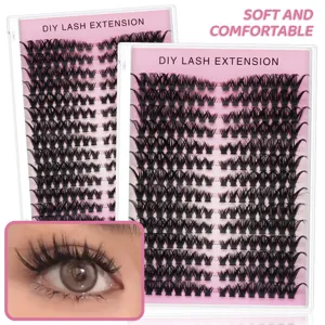 DIY Wimpernverlängerung Cluster Schalen mit rosa Karte und Augen-Trageeffekt Detailansicht.