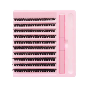 DIY Cluster Wimpernverlängerung Set 10 Reihen einzelne Wimpern mit rosa Schale und Werkzeug.