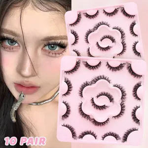 10 Pairs False Eyelashes Fluffy Curly Fake Lashes with Cute Pink Flower Storage Tray Main