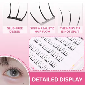 Entdecken Sie klebstofffreie segmentierte Wimpern mit weichem Haarfluss und natürlichen Spitzen.