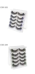 5 pairs colored false lashes set, 3D volume handmade soft eyelashes with blue and green tips.