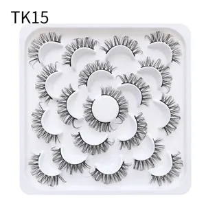 Close-up detail of 10 pairs floral tray curled false eyelashes, natural daily makeup look.