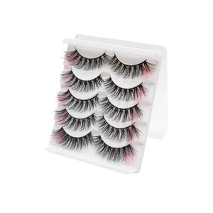 5 Pairs Colored False Eyelashes Pink Tips 3D Volume Fluffy Fake Lashes with White Tray Set