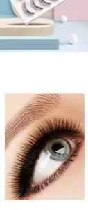 Natürliche künstliche Wimpern Detailansicht mit fünf Paar Schale und Augen Trageeffekt.