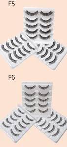 Detailansicht von fünf Paar künstlichen Wimpern im Set mit DD-Schwung auf Tablett.
