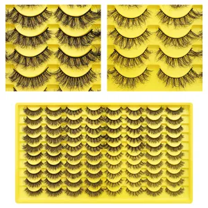 40 pairs dramatic fluffy false eyelashes on yellow tray, natural dense volume makeup.