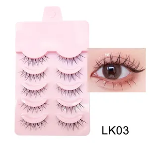 5 Paar natürliche künstliche Wimpern mit rosa Verpackungsschale und Augen-Make-up-Detail.