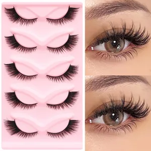 Künstliche Nerz-Wimpern 5 Paar Set mit rosa Schale, dramatische Cat-Eye-Make-up-Detailansicht.