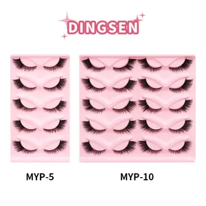 Detailansicht fluffiger Katzenaugen-Künstliche-Wimpern im Rosatablett, 5 und 10 Paare.
