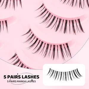 Detaillierte Nahaufnahme von Manga-Stil künstlichen Wimpern auf rosa Verpackungsschale.