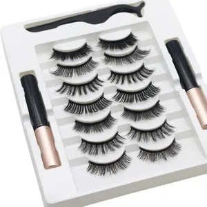 Magnetic false eyelashes set with 7 pairs, 2 eyeliners and applicator tool in white box.