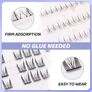 Vue détaillée de faux cils segmentés sans colle montrant une adsorption ferme et un style fin.
