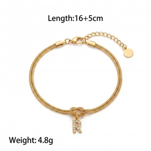 Gold Zircon Letter R Snake Chain Bracelet Initial Knot Design Fashion Jewelry for Women