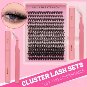 Detailansicht des DIY-Wimpernverlängerungssets mit 10 Reihen weichen Wimpern, Kleber und Pinzette.