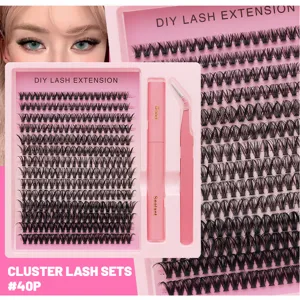 DIY Wimpernverlängerung Set mit 10 Reihen einzelnen Wimpern, Kleber, Versiegelung und Pinzette.
