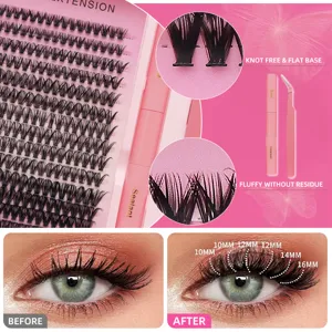Künstliche Wimpernverlängerung Set mit Einzelwimpern, Kleber, Versiegelung und Pinzette.