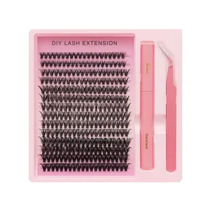 DIY Wimpernverlängerung Set mit 10 Reihen Büschelwimpern, Kleber, Versiegelung und Pinzette.