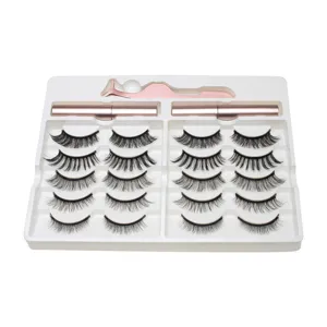 Magnetic false eyelashes kit with ten pairs, two liquid eyeliners and one applicator tool.