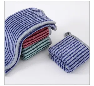 Thickened absorbent kitchen cleaning cloth set with colorful stripes and hanging loop.