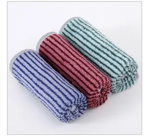 Close-up of rolled colorful striped cleaning cloths, absorbent microfiber dish towel detail.